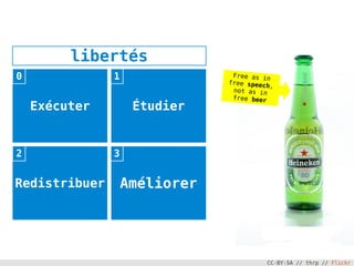libertés
0              1                Free as in
                               free speec
                                          h,
                                not as in
                                free beer
    Exécuter        Étudier


2              3


Redistribuer       Améliorer




                                          CC-BY-SA // thrp // Flickr
 