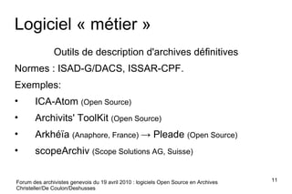 Logiciel « métier » Outils de description d'archives définitives Normes : ISAD-G/DACS, ISSAR-CPF. Exemples: ICA-Atom  (Open Source) Archivits' ToolKit  (Open Source) Arkhéïa  (Anaphore, France)  -> Pleade  (Open Source) scopeArchiv  (Scope Solutions AG, Suisse) Forum des archivistes genevois du 19 avril 2010 : logiciels Open Source en Archives Christeller/De Coulon/Deshusses 