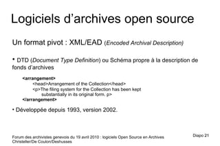 Forum des archivistes genevois du 19 avril 2010 : logiciels Open Source en Archives Christeller/De Coulon/Deshusses Un format pivot : XML/EAD  ( Encoded Archival Description) DTD ( Document Type Definition ) ou Schéma propre à la description de fonds d’archives <arrangement> <head>Arrangement of the Collection</head> <p>The filing system for the Collection has been kept   substantially in its original form.  p> </arrangement> Développée depuis 1993, version 2002. Logiciels d’archives open source Diapo  
