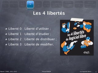 Les                                          Modèle                   Libre et
  Consta      Question      En 3          Libre     Licenc        Avantages               Métapho
                                    4                                         économiqu                Administrati
    t            s          mots            &       es du             &                      re
                                                                                  es                        on



                                         Les 4 libertés


            Liberté 0 : Liberté d’utiliser ;
            Liberté 1 : Liberté d’étudier ;
            Liberté 2 : Liberté de distribuer ;
            Liberté 3 : Liberté de modiﬁer.




Master 2 SIAD , 2011-2012                         Youssef BEGHI                               Les logiciels libres -   5
 