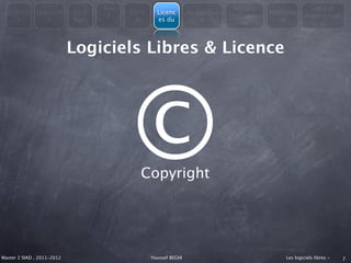 Les                                         Modèle                   Libre et
  Consta      Question      En 3         Libre     Licenc        Avantages               Métapho
                                    4                                        économiqu                Administrati
    t            s          mots           &       es du             &                      re
                                                                                 es                        on



                            Logiciels Libres & Licence




                                          © Copyright




Master 2 SIAD , 2011-2012                        Youssef BEGHI                               Les logiciels libres -   7
 