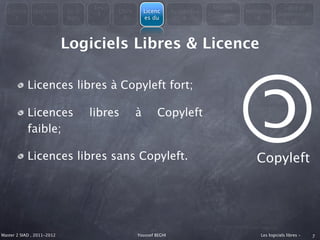 Les                                         Modèle                   Libre et
  Consta      Question      En 3          Libre       Licenc      Avantages               Métapho
                                     4                                        économiqu                Administrati
    t            s          mots            &         es du           &                      re
                                                                                  es                        on



                            Logiciels Libres & Licence

            Licences libres à Copyleft fort;

            Licences               libres         à        Copyleft
                                                                                          ©
            faible;

            Licences libres sans Copyleft.                                                   Copyleft




Master 2 SIAD , 2011-2012                         Youssef BEGHI                               Les logiciels libres -   7
 