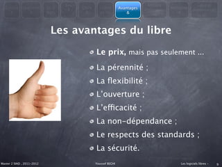 Les                                         Modèle                   Libre et
  Consta      Question      En 3         Libre     Licenc        Avantages               Métapho
                                    4                                        économiqu                Administrati
    t            s          mots           &       es du             &                      re
                                                                                 es                        on



                             Les avantages du libre

                                                 Le prix, mais pas seulement ...
                                                 La pérennité ;
                                                 La ﬂexibilité ;
                                                 L’ouverture ;
                                                 L’efficacité ;
                                                 La non-dépendance ;
                                                 Le respects des standards ;
                                                 La sécurité.
Master 2 SIAD , 2011-2012                        Youssef BEGHI                               Les logiciels libres -   9
 