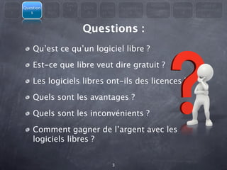 Les                                  Modèle                Libre et
Consta   Question   En 3         Libre   Licenc   Avantages               Métapho
                            4                                 économiqu             Administrati
  t         s       mots           &     es du        &                      re
                                                                  es                     on



                                 Questions :
             Qu’est ce qu’un logiciel libre ?

             Est-ce que libre veut dire gratuit ?

             Les logiciels libres ont-ils des licences ?

             Quels sont les avantages ?

             Quels sont les inconvénients ?

             Comment gagner de l’argent avec les
             logiciels libres ?


                                              3
 