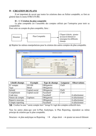 II – CREATION DE PLANS
Il est important de savoir que toutes les créations dans un fichier comptable, se font en
général dans le menu STRCUTURE.
II – 1 / Création du plan comptable
Le plan comptable est l’ensemble des comptes utilisés par l’entreprise pour tenir sa
comptabilité.
Pour créer un compte du plan comptable, faire :
@ Répéter les mêmes manipulations pour la création des autres comptes du plan comptable.
NB : Cochez la case ‘‘saisie compte tiers’’ lorsqu’il s’agit des comptes collectifs tiers.
Tous les autres plans que sont le Plan Analytique, le Plan Reporting, répondent au même
principe de création que le plan comptable.
Structure plan analytique ou Reporting clique droit ajouter un nouvel élément
Libellé champs Exemple Type de champs Longueur Observations
N° compte
Type
101100
Détail
Obligatoire
Obligatoire
13αN
Intitulé Capital social Obligatoire 35αN
Complément
Code taxe
Capital social Facultatif
Facultatif
17αN
A sélectionner
Nature de compte Capitaux Obligatoire A sélectionner
Report à nouveau Obligatoire A sélectionner
Compte reporting Facultatif A sélectionner
14
Structure Plan Comptable
Cliquer à droite, ajouter
un nouvel élément et
renseigner les différents
champs
 