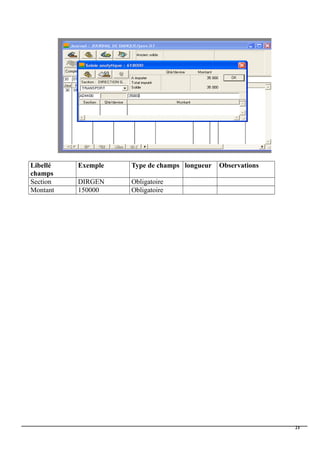 Libellé
champs
Exemple Type de champs longueur Observations
Section DIRGEN Obligatoire
Montant 150000 Obligatoire
21
 