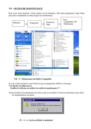 VII – OUTILS DE MAINTENANCE
Pour avoir cette fonction, il faut cliquer sur de démarrer, aller dans programme, Sage Saari,
puis dans comptabilité et enfin cliquer sur maintenance.
VII – 1 / Maintenance du fichier Comptable.
Si vous voulez accéder à votre fichier et que le programme affiche ce message :
‘‘Ce dossier est déjà ouvert
Veuillez le refermer ou utiliser les outils de maintenance !’’.
Alors procéder à la maintenance de celui-ci par en accédant à l’outil de maintenance puis faire
les manipulations suivantes :
IV – 1 – a / Accès au fichier à maintenir
Démarrer Programme Ensuite sur
Sage
Faire :
Comptabilité 100
Maintenance
 