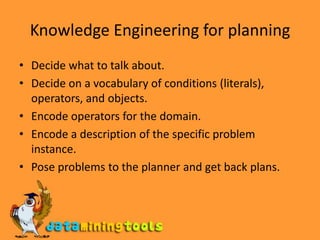 Knowledge Engineering for planningDecide what to talk about.Decide on a vocabulary of conditions (literals), operators, and objects.Encode operators for the domain.Encode a description of the specific problem instance.Pose problems to the planner and get back plans.