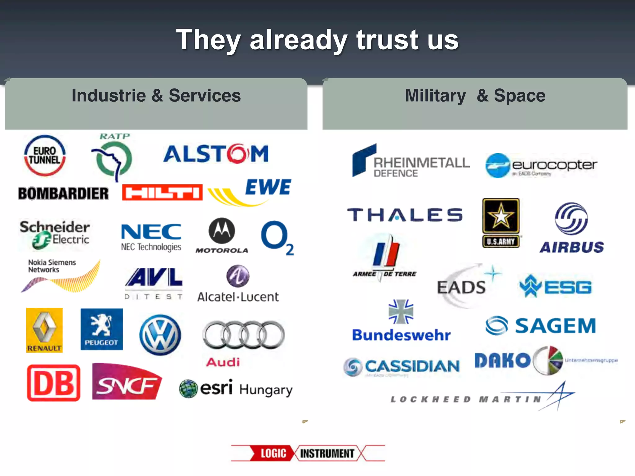 They already trust us
Industrie & Services!
!

Military & Space !

 