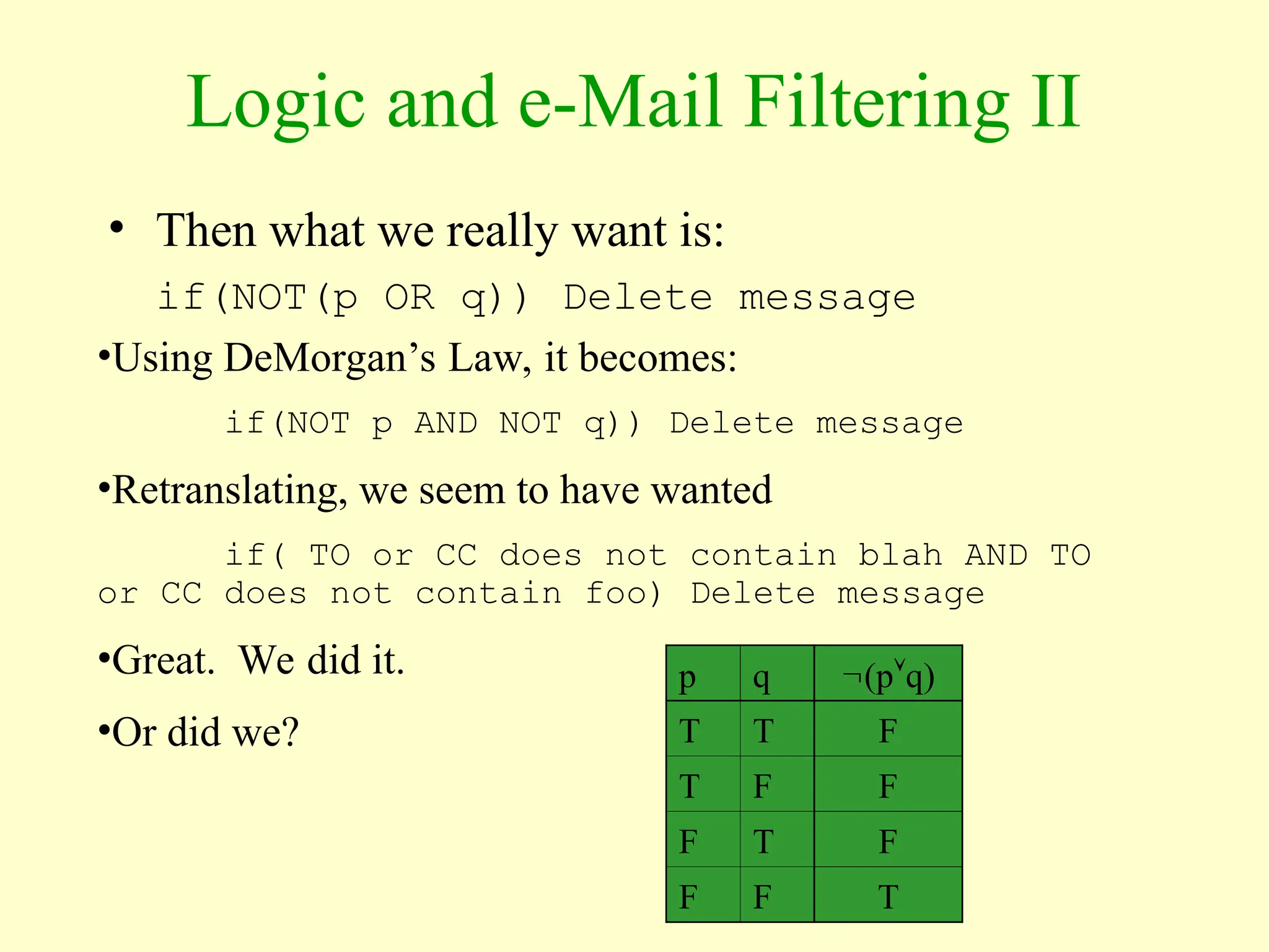 Logic and e-Mail Filtering II
• Then what we really want is:
if(NOT(p OR q)) Delete message
p q (pq)
T T F
T F F
F T F
F F T
•Using DeMorgan’s Law, it becomes:
if(NOT p AND NOT q)) Delete message
•Retranslating, we seem to have wanted
if( TO or CC does not contain blah AND TO
or CC does not contain foo) Delete message
•Great. We did it.
•Or did we?
 