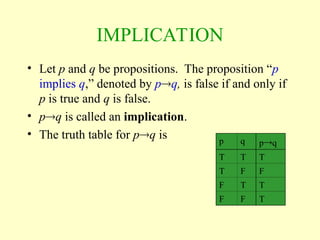 IMPLICATION
• Let p and q be propositions. The proposition “p
implies q,” denoted by pq, is false if and only if
p is true and q is false.
• pq is called an implication.
• The truth table for pq is p q pq
T T T
T F F
F T T
F F T
 