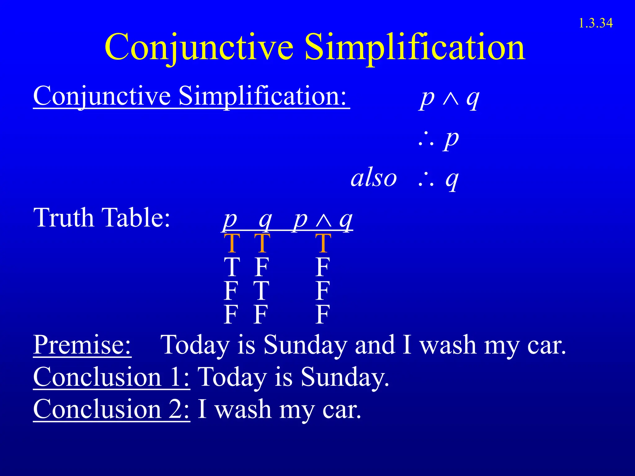 Conjunctive Simplification
Conjunctive Simplification: p  q
 p
also  q
Truth Table: p q p q
T T T
T F F
F T F
F F F
Premise: Today is Sunday and I wash my car.
Conclusion 1: Today is Sunday.
Conclusion 2: I wash my car.
1.3.34
 