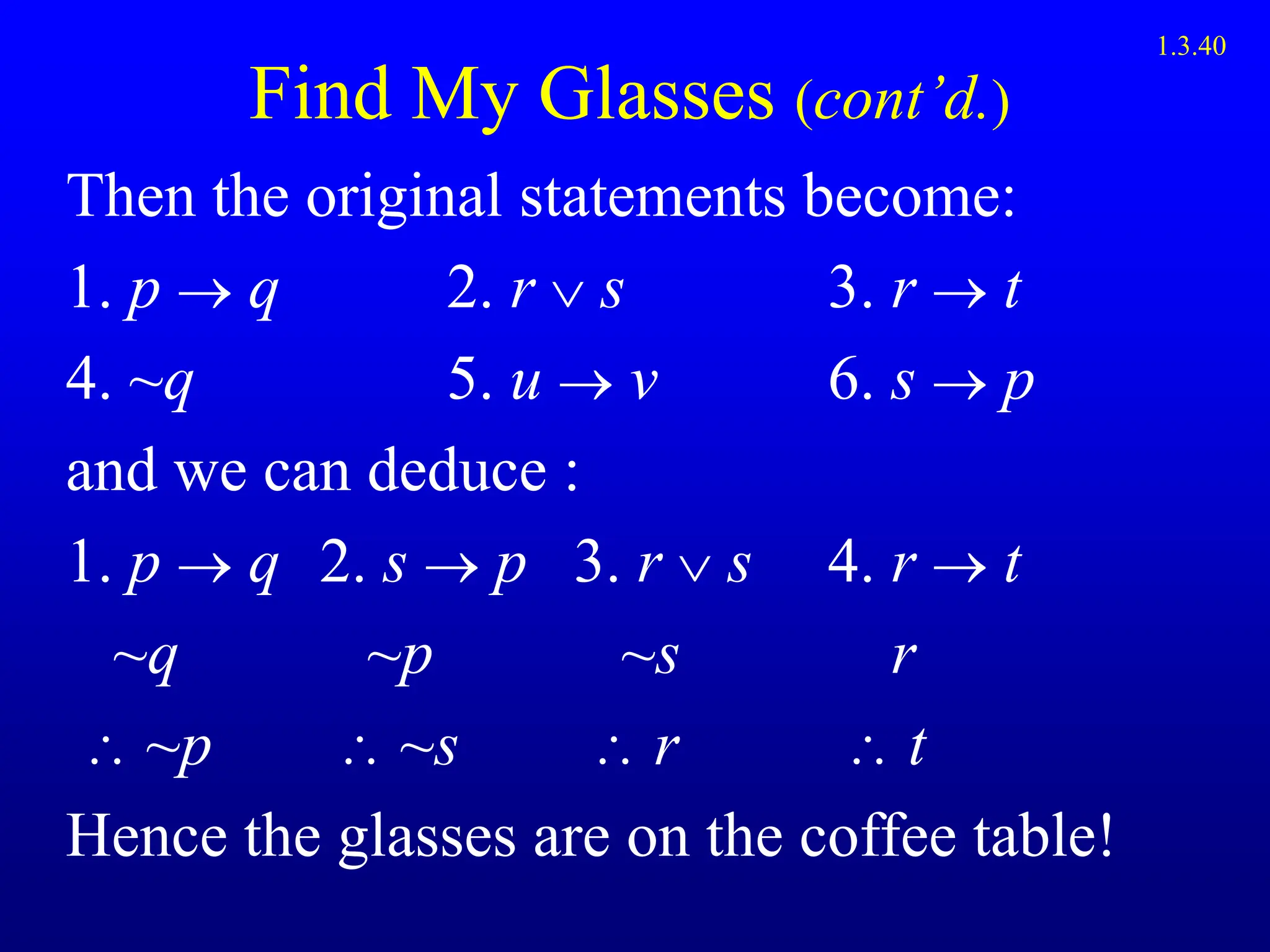 Find My Glasses (cont’d.)
Then the original statements become:
1. p  q 2. r  s 3. r  t
4. ~q 5. u  v 6. s  p
and we can deduce :
1. p  q 2. s  p 3. r  s 4. r  t
~q ~p ~s r
 ~p  ~s  r  t
Hence the glasses are on the coffee table!
1.3.40
 