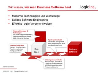 Moderne Technologien und WerkzeugeSolides Software EngineeringEffektive, agile VorgehensweisenWir wissen, wie man Business Software bautModerneWerkzeuge  & TechnologienJEE-Stack, Component-based UI, Dependency Injection, Spring, OSGI, Enterprise MashupsAgile ProjektmethodikScrum, Lean Management, Value-driven planning, BPM, Interdisziplinäre TeamsBranchen-Know-HowBanken, Versicherungen, Telekommunikation, FertigungsindustrieIhreIdeeBusiness SoftwareSolideIngenieursmethodikAnforderungen, Architektur, Enterprise Patterns, Reviews, SCM Continuous IntegrationTestautomatisierung