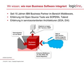 27.04.2013 · Folie 4 · Copyright © logicline GmbH
 Seit 15 Jahren IBM Business Partner im Bereich Middleware,
 Erfahrung mit Open Source Tools wie SOPERA, Talend
 Erfahrung in serviceorientierten Architekturen (SOA, EAI)
Wir wissen, wie man Business Software integriert
Datenmigration
z.B. mit Talend
Enterprise Middleware
z.B. ESB, MOM, SOA
Service Repository
Web-UI
REST-Services
Mobile Endgeräte
Cloud-Anbindung
Business
Software
Adaptoren zu Legacy
WS-* Services / SOAP
 