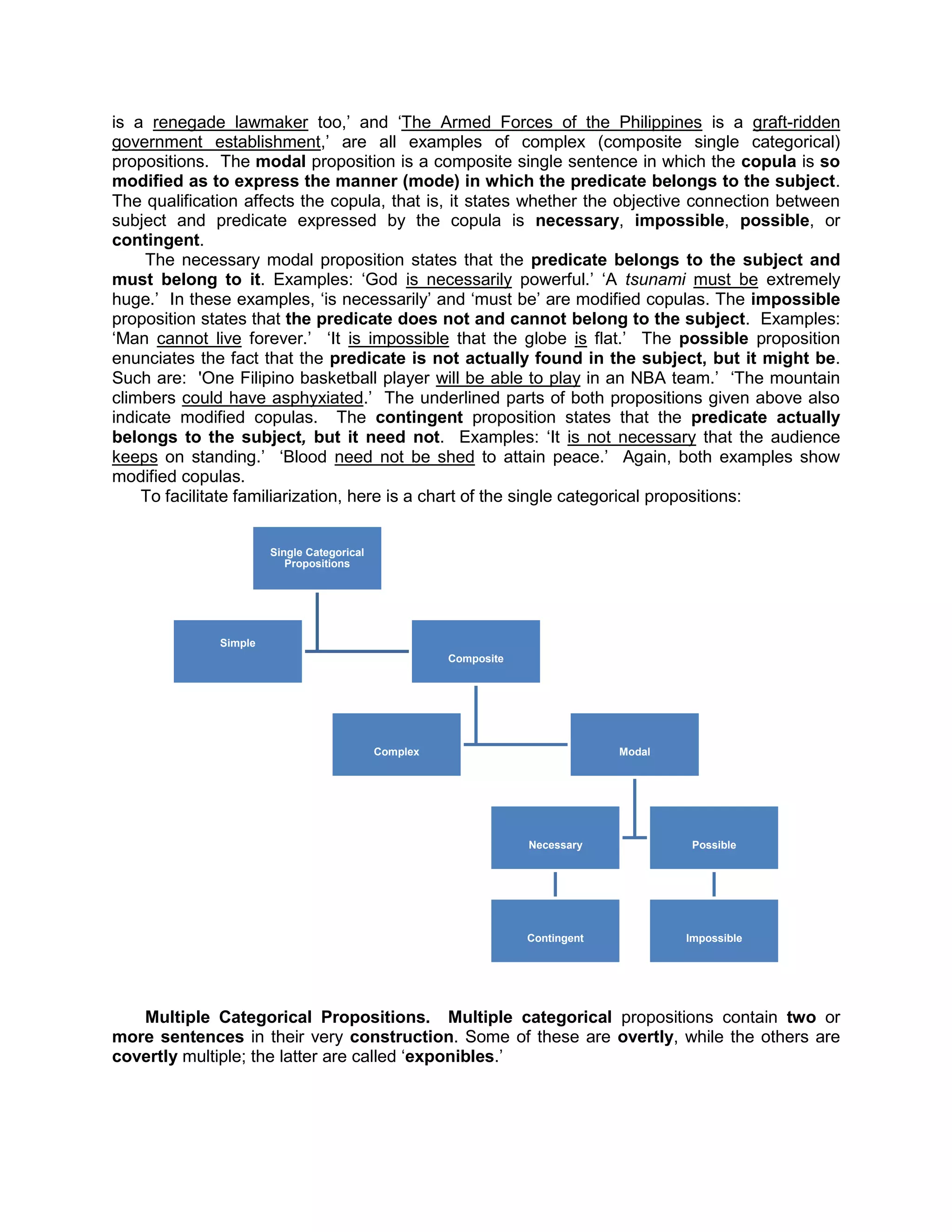 is a renegade lawmaker too,‟ and „The Armed Forces of the Philippines is a graft-ridden
government establishment,‟ are all examples of complex (composite single categorical)
propositions. The modal proposition is a composite single sentence in which the copula is so
modified as to express the manner (mode) in which the predicate belongs to the subject.
The qualification affects the copula, that is, it states whether the objective connection between
subject and predicate expressed by the copula is necessary, impossible, possible, or
contingent.
     The necessary modal proposition states that the predicate belongs to the subject and
must belong to it. Examples: „God is necessarily powerful.‟ „A tsunami must be extremely
huge.‟ In these examples, „is necessarily‟ and „must be‟ are modified copulas. The impossible
proposition states that the predicate does not and cannot belong to the subject. Examples:
„Man cannot live forever.‟ „It is impossible that the globe is flat.‟ The possible proposition
enunciates the fact that the predicate is not actually found in the subject, but it might be.
Such are: 'One Filipino basketball player will be able to play in an NBA team.‟ „The mountain
climbers could have asphyxiated.‟ The underlined parts of both propositions given above also
indicate modified copulas. The contingent proposition states that the predicate actually
belongs to the subject, but it need not. Examples: „It is not necessary that the audience
keeps on standing.‟ „Blood need not be shed to attain peace.‟ Again, both examples show
modified copulas.
    To facilitate familiarization, here is a chart of the single categorical propositions:


                       Single Categorical
                          Propositions




              Simple
                                                      Composite




                                            Complex                            Modal




                                                                  Necessary             Possible




                                                                  Contingent           Impossible




   Multiple Categorical Propositions. Multiple categorical propositions contain two or
more sentences in their very construction. Some of these are overtly, while the others are
covertly multiple; the latter are called „exponibles.‟
 