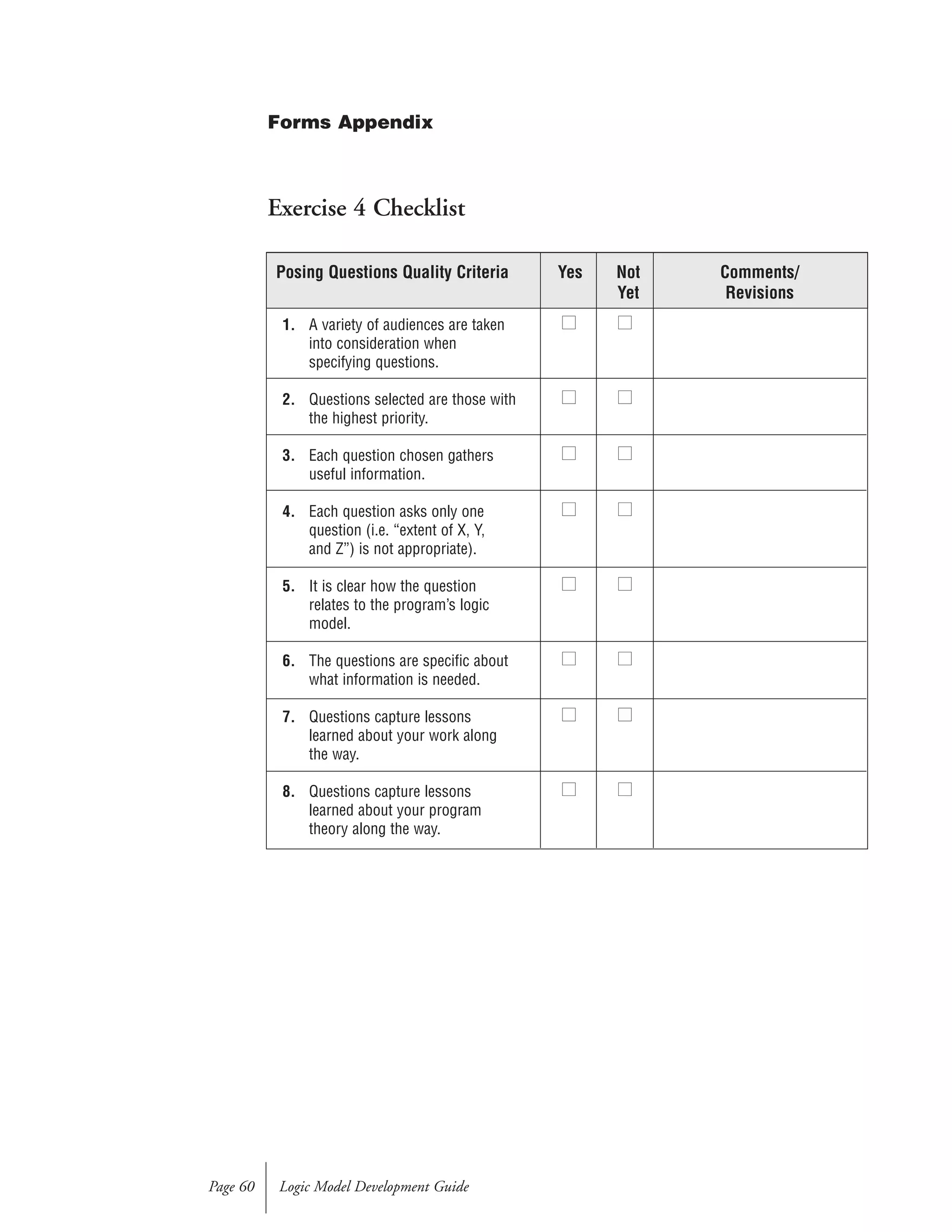 Exercise 4 Checklist
Logic Model Development GuidePage 60
Posing Questions Quality Criteria Yes Not Comments/
Yet Revisions
1. A variety of audiences are taken
into consideration when
specifying questions.
2. Questions selected are those with
the highest priority.
3. Each question chosen gathers
useful information.
4. Each question asks only one
question (i.e. “extent of X, Y,
and Z”) is not appropriate).
5. It is clear how the question
relates to the program’s logic
model.
6. The questions are specific about
what information is needed.
7. Questions capture lessons
learned about your work along
the way.
8. Questions capture lessons
learned about your program
theory along the way.
■■
■■
■■
■■
■■
■■
■■
■■
■■
■■
■■
■■
■■
■■
■■
■■
Forms Appendix
 
