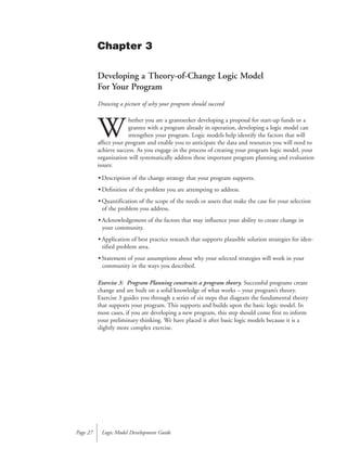 Developing a Theory-of-Change Logic Model
For Your Program
Drawing a picture of why your program should succeed
W
hether you are a grantseeker developing a proposal for start-up funds or a
grantee with a program already in operation, developing a logic model can
strengthen your program. Logic models help identify the factors that will
affect your program and enable you to anticipate the data and resources you will need to
achieve success. As you engage in the process of creating your program logic model, your
organization will systematically address these important program planning and evaluation
issues:
• Description of the change strategy that your program supports.
• Definition of the problem you are attempting to address.
• Quantification of the scope of the needs or assets that make the case for your selection
of the problem you address.
• Acknowledgement of the factors that may influence your ability to create change in
your community.
• Application of best practice research that supports plausible solution strategies for iden-
tified problem area.
• Statement of your assumptions about why your selected strategies will work in your
community in the ways you described.
Exercise 3: Program Planning constructs a program theory. Successful programs create
change and are built on a solid knowledge of what works – your program’s theory.
Exercise 3 guides you through a series of six steps that diagram the fundamental theory
that supports your program. This supports and builds upon the basic logic model. In
most cases, if you are developing a new program, this step should come first to inform
your preliminary thinking. We have placed it after basic logic models because it is a
slightly more complex exercise.
Logic Model Development GuidePage 27
Chapter 3
 
