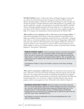 INSTRUCTIONS: Exercise 3 will use the Theory-of-Change Template. In particular,
you will use the information presented in the gray text boxes that follow about the
Mytown example program to determine what theory-of-change was used to design and
develop this program. Example information about influential factors, the problem, com-
munity needs/assets, strategies, and assumptions are provided. You will fill in the blank
Theory-of-Change Template provided in the Forms Index (p. 57) to illustrate the pro-
gram theory for the Mytown example. You can then look at the completed template on
page 34 to compare your interpretation with that produced by the Mytown folks.
What problems are you attempting to solve or what issues are you striving to address? A
well-constructed program theory points toward your program’s eventual effectiveness.
Begin your problem statement explaining concisely the issue you will address, stating the
issue either as a community problem or asset. Your theory-of-change logic model will be
built upon this statement, which illustrates how the program will function and what it
expects to achieve in your community. It is smart to refer to research about your pro-
gram’s problem or issue in your statement; Internet searches can provide other successful
program or “best practice” information.
What needs or assets led you to address this issue? If a community needs assessment has
been conducted or if you have prioritized community needs and capacity, data exist that
make your case stronger and more specific by identifying and targeting your program’s
participants and activities. Documentation of community needs and assets also helps your
evaluation plan later on. It can become a baseline providing indicators that measure
progress made by your program over time. (Discussed in more detail in Chapter 4.)
Logic Model Development GuidePage 29
DOCUMENTED NEEDS/ASSETS EXAMPLE: Memorial Hospital’s Annual Report states that
28% of uninsured male patients, aged 40–55, received emergency room care in the previous
year. Last year’s United Way Community Needs Assessment identified health care for the
uninsured as the #1 community health care issue. The Medical Society and Memorial
Hospital’s Task Force on the Uninsured is researching ways to address the needs of the unin-
sured AND reduce costly, inappropriate ER use.
Insert Mytown’s community needs/assets in the Community Needs/Assets box of the
Theory-of-Change Template.
PROBLEM STATEMENT EXAMPLE: There are increasing numbers of uninsured male workers,
aged 40–55, in Mytown, USA, due to local plant closings. As the bottom line of hospitals
shrink, the costs of uninsured care in local emergency rooms are negatively affecting local
health systems. To meet the human and financial needs of Mytown, USA, an accessible, free
medical home must be created to offer medical care and health education for Mytown’s unin-
sured residents.
Insert Mytown’s Problem or Issue in the Problem or Issue box of the Theory-of-Change
Template
 