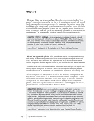 Why do you believe your program will work? Look for strong rationale based on “best
practice” research that connects what you plan to do with why your approach will succeed.
Funders are eager for evidence that supports why you propose the solutions you do. It’s a
good idea to relate your approach to similar change strategies that have proven effective in
communities like yours. Reviewing literature and past evaluation reports from other pro-
grams (or your own work) will provide you with ample information to construct your pro-
gram rationale. The Internet makes it easier to research effective program strategies.
Why will your approach be effective? After you make the case for selecting a specific strategy
from among the alternatives you researched, state out loud why this strategy is needed and
why it will work in your community. It is important early on to document instances that
describe the general condition of public reaction to your problem/issue and possible solutions.
You should draw direct conclusions about the statement of need and capacities in your com-
munity in your assumption. In addition, it should be quite apparent how your program
intends to function as an intervention – to solve identified problems or build existing assets.
We list assumptions last in this exercise because in this abstracted learning format, the
logic modeler has the benefit of all the information that supports assumptions. They are
easier to spot and articulate with all the facts in front of you. In real-world conditions,
assumption are best stated up-front – much earlier in the logic model development
process – many basic logic models we have seen include a supporting page with the dia-
gram that lists the assumptions that belie the model drawn.
Logic Model Development GuidePage 32
PROGRAM STRATEGY EXAMPLE: A clinic using volunteer medical professionals reduced
emergency room care visits in Anothertown, USA, in 1997 by 25%. A free clinic in Mytown,
USA, using volunteer medical professionals could provide crucial, affordable medical homes
for growing numbers of uninsured residents preventing costly, inappropriate emergency
room use by males 40–55 experiencing coronary emergencies.
Insert Mytown’s strategies in the Strategies box of the Theory-of-Change Template.
ASSUMPTION EXAMPLE: As proven in Anothertown, access to affordable medical care
reduces the incidence of emergency visits by providing appropriate, preventive primary care.
A free medical clinic should prove successful in Mytown, because of its history of extraordi-
nary volunteerism. Mytown’s Medical Society officially encourages its 400 medical profes-
sional members to volunteer 20 hours each year to help medically underserved community
residents. Mytown’s Nursing Association is also interested in collaborating with a free clinic.
Memorial Hospital has agreed to assist in planning and funding a free clinic. There is prece-
dence for lending free facilities to medical projects serving those in need. Mytown’s technical
college donates space for Mytown’s volunteer dental clinic. Mytown’s Free Clinic will be
strongly supported by the people, businesses and institutions of Mytown, USA.
Insert Mytown’s assumptions in the Assumptions box of the Theory-of-Change Template.
Chapter 3
 