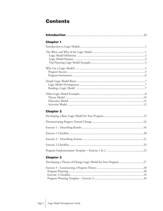 Introduction..........................................................................................................III
Chapter 1
Introduction to Logic Models ........................................................................................1
The What and Why of the Logic Model ........................................................................1
Logic Model Definition ............................................................................................1
Logic Model Purpose ................................................................................................3
Trip Planning Logic Model Example..........................................................................3
Why Use a Logic Model?................................................................................................5
Program Success..........................................................................................................5
Program Investments ..................................................................................................6
Simple Logic Model Basics ............................................................................................7
Logic Model Development..........................................................................................7
Reading a Logic Model ..............................................................................................7
Other Logic Model Examples ........................................................................................8
Theory Model ..........................................................................................................10
Outcomes Model ......................................................................................................11
Activities Model ........................................................................................................12
Chapter 2
Developing a Basic Logic Model for Your Program ......................................................15
Demonstrating Progress Toward Change ......................................................................16
Exercise 1 – Describing Results ....................................................................................16
Exercise 1 Checklist......................................................................................................20
Exercise 2 – Describing Actions....................................................................................21
Exercise 2 Checklist......................................................................................................23
Program Implementation Template – Exercise 1 & 2 ..................................................25
Chapter 3
Developing a Theory-of-Change Logic Model for Your Program..................................27
Exercise 3 - Constructing a Program Theory ................................................................28
Program Planning ......................................................................................................28
Exercise 3 Checklist....................................................................................................33
Program Planning Template – Exercise 3....................................................................34
Logic Model Development GuidePage I
Contents
 