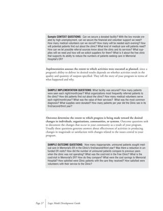 Implementation assesses the extent to which activities were executed as planned, since a
program’s ability to deliver its desired results depends on whether activities result in the
quality and quantity of outputs specified. They tell the story of your program in terms of
what happened and why.
Outcomes determine the extent to which progress is being made toward the desired
changes in individuals, organizations, communities, or systems. Outcome questions seek
to document the changes that occur in your community as a result of your program.
Usually these questions generate answers about effectiveness of activities in producing
changes in magnitude or satisfaction with changes related to the issues central to your
program.
Logic Model Development GuidePage 37
Sample CONTEXT QUESTIONS: Can we secure a donated facility? With the low morale cre-
ated by high unemployment, can we secure the financial and volunteer support we need?
How many medical volunteers can we recruit? How many will be needed each evening? How
will potential patients find out about the clinic? What kind of medical care will patients need?
How can we let possible referral sources know about the clinic and its services? What sup-
plies will we need and how will we solicit suppliers for them? What is it about the free clinic
that supports its ability to reduce the numbers of patients seeking care in Memorial
Hospital’s ER?
SAMPLE IMPLEMENTATION QUESTIONS: What facility was secured? How many patients
were seen each night/month/year? What organizations most frequently referred patients to
the clinic? How did patients find out about the clinic? How many medical volunteers serve
each night/month/year? What was the value of their services? What was the most common
diagnosis? What supplies were donated? How many patients per year did the Clinic see in its
first/second/third year?
SAMPLE OUTCOME QUESTIONS: How many inappropriate, uninsured patients sought med-
ical care in Memorial’s ER in the Clinic’s first/second/third year? Was there a reduction in un-
funded ER visits? How did the number of uninsured patients compare to previous years
when the clinic was not operating? What was the cost/visit in the Free Clinic? What is the
cost/visit in Memorial’s ER? How do they compare? What were the cost savings to Memorial
Hospital? How satisfied were Clinic patients with the care they received? How satisfied were
volunteers with their service to the Clinic?
 