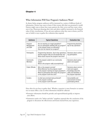 What Information Will Your Program’s Audiences Want?
As shown below, program audiences will be interested in a variety of different kinds of
information. Donors may want to know if their money did what you promised it would.
Patients might want to know how many patients the clinic serves and how many volun-
teers it has. Physicians donating their time and talent could be interested in the financial
value of their contributions. If you ask your audiences what they want to know, you’ll be
sure to build in ways to gather the evaluation data required.
How often do you have to gather data? Whether a question is more formative or summa-
tive in nature offers a clue on when information should be collected.
• Formative information should be periodic and reported/shared quickly to improve
your efforts.
• Summative tends to be “before and after” snapshots reported after the conclusion of the
program to document the effectiveness and lessons learned from your experience.
Logic Model Development GuidePage 40
Audience
Program
Management
and Staff
Participants
Community
Members
Public Officials
Funders
Typical Questions
Are we reaching our target population?
Are our participants satisfied with our program?
Is the program being run efficiently?
How can we improve our program?
Programming decisions, day-to-day operations
Did the program help me and people like me?
What would improve the program next time?
Is the program suited to our community
needs?
What is the program really accomplishing?
Who is the program serving?
What difference has the program made?
Is the program reaching its target population?
What do participants think about the program?
Is the program worth the cost?
Is what was promised being achieved?
Is the program working?
Is the program worth the cost?
Evaluation Use
Programming decisions,
day-to-day operations
Decisions about continu-
ing participation.
Decisions about partici-
pation and support.
Decisions about commit-
ment and support.
Knowledge about the
utility and feasibility of
the program approach.
Accountability and
improvement of future
grantmaking efforts.
Chapter 4
 
