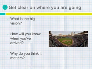 Get clear on where you are going
o What is the big
vision?
o How will you know
when you’ve
arrived?
o Why do you think it
matters?
2
 
