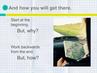 And how you will get there.
o Start at the
beginning.
But, why?
o Work backwards
from the end.
But, how?
3
 