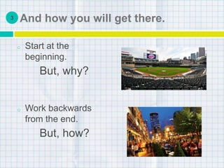 And how you will get there.
o Start at the
beginning.
But, why?
o Work backwards
from the end.
But, how?
3
 