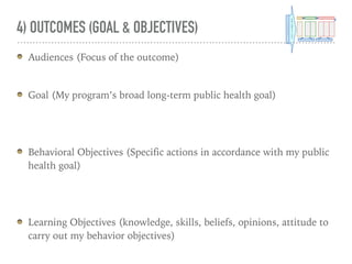 4) OUTCOMES (GOAL & OBJECTIVES)
Audiences (Focus of the outcome)
Goal (My program’s broad long-term public health goal)
Behavioral Objectives (Specific actions in accordance with my public
health goal)
Learning Objectives (knowledge, skills, beliefs, opinions, attitude to
carry out my behavior objectives)
 