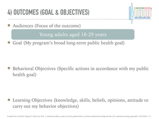 4) OUTCOMES (GOAL & OBJECTIVES)
Audiences (Focus of the outcome)
Goal (My program’s broad long-term public health goal)
Behavioral Objectives (Specific actions in accordance with my public
health goal)
Learning Objectives (knowledge, skills, beliefs, opinions, attitude to
carry out my behavior objectives)
Young adults aged 18-29 years
Example from Arnold M, Dejong W. Watch your back : A randomized efficacy study of a theory-guided website to promote melanoma knowledge and skin self- examination among young adults. 2016;0(0):1–14.
 