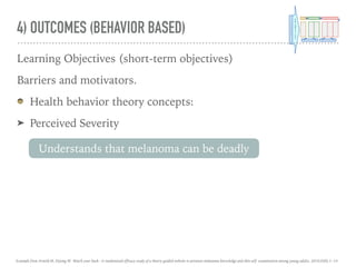 4) OUTCOMES (BEHAVIOR BASED)
Learning Objectives (short-term objectives)
Barriers and motivators.
Health behavior theory concepts:
➤ Perceived Severity
Understands that melanoma can be deadly
Example from Arnold M, Dejong W. Watch your back : A randomized efficacy study of a theory-guided website to promote melanoma knowledge and skin self- examination among young adults. 2016;0(0):1–14.
 