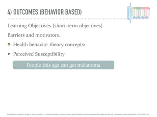 4) OUTCOMES (BEHAVIOR BASED)
Learning Objectives (short-term objectives)
Barriers and motivators.
Health behavior theory concepts:
➤ Perceived Susceptibility
People this age can get melanoma
Example from Arnold M, Dejong W. Watch your back : A randomized efficacy study of a theory-guided website to promote melanoma knowledge and skin self- examination among young adults. 2016;0(0):1–14.
 