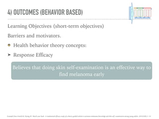 4) OUTCOMES (BEHAVIOR BASED)
Learning Objectives (short-term objectives)
Barriers and motivators.
Health behavior theory concepts:
➤ Response Efficacy
Believes that doing skin self-examination is an effective way to
find melanoma early
Example from Arnold M, Dejong W. Watch your back : A randomized efficacy study of a theory-guided website to promote melanoma knowledge and skin self- examination among young adults. 2016;0(0):1–14.
 