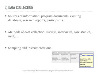 5) DATA COLLECTION
➤ Sources of information: program documents, existing
databases, research reports, participants, …
➤ Methods of data collection: surveys, interviews, case studies,
mail, …
➤ Sampling and instrumentations.
Source: University of Wisconsin Extension, Program Development and Evaluation
 