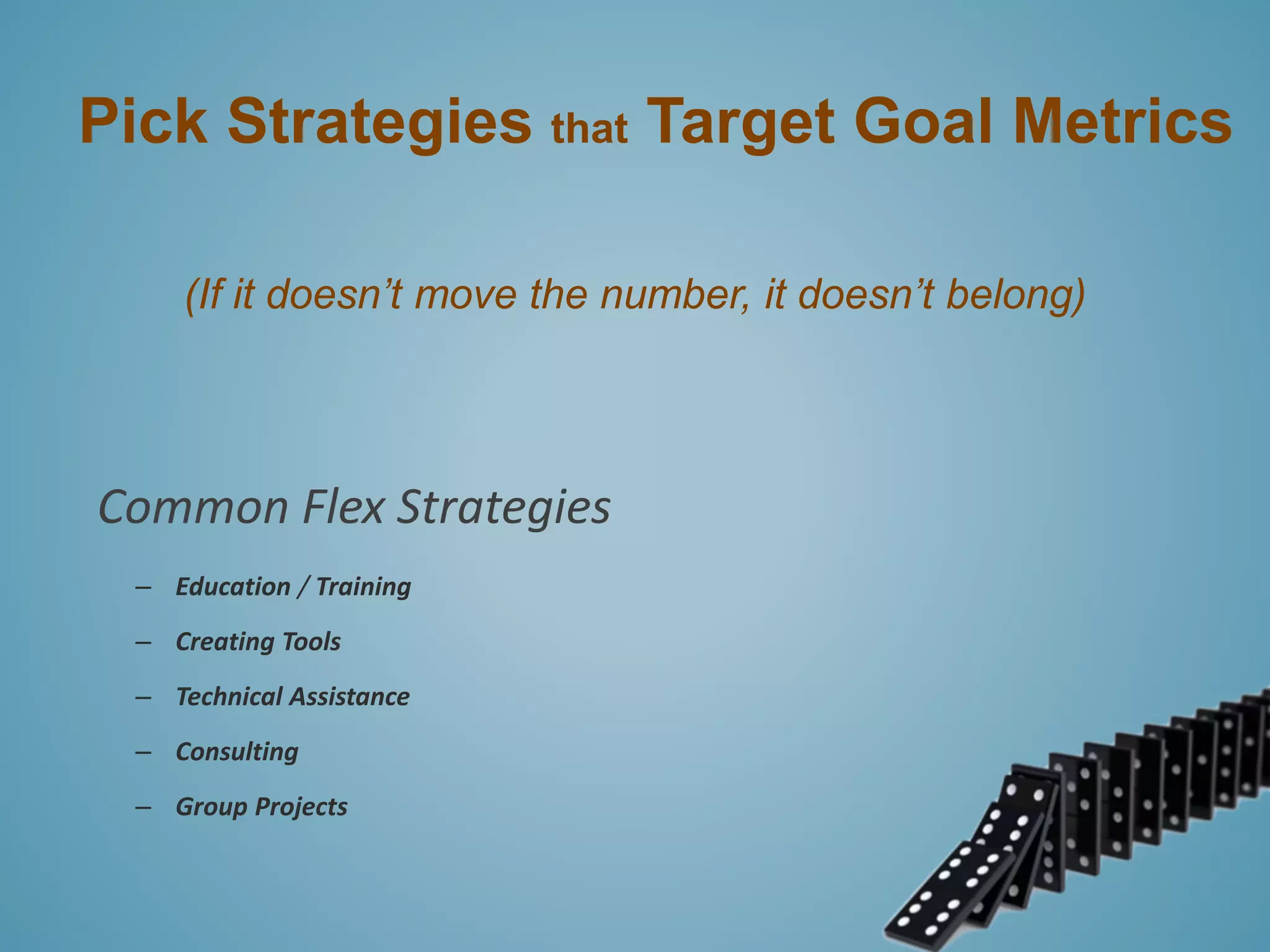 Pick Strategies that Target Goal Metrics 
(If it doesn’t move the number, it doesn’t belong) 
Common Flex Strategies 
– Education / Training 
– Creating Tools 
– Technical Assistance 
– Consulting 
– Group Projects 
 