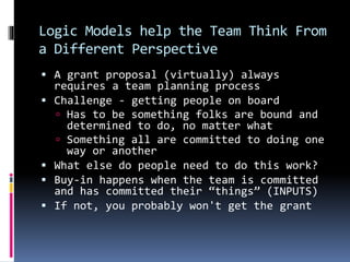 Logic Models help the Team Think From
a Different Perspective
 A grant proposal (virtually) always
requires a team planning process
 Challenge - getting people on board
 Has to be something folks are bound and
determined to do, no matter what
 Something all are committed to doing one
way or another
 What else do people need to do this work?
 Buy-in happens when the team is committed
and has committed their “things” (INPUTS)
 If not, you probably won't get the grant
 