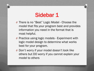 Sidebar 1
O There is no “Best” Logic Model - Choose the
model that fits your program best and provides
information you need in the format that is
most helpful.
O Practice using logic models - Experiment with
logic model design to determine what works
best for your program.
O Don’t worry if your model doesn’t look like
others but DO worry if you cannot explain your
model to others
 