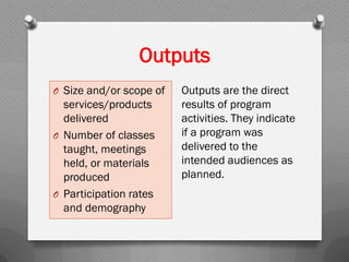 Outputs
O Size and/or scope of
services/products
delivered
O Number of classes
taught, meetings
held, or materials
produced
O Participation rates
and demography
Outputs are the direct
results of program
activities. They indicate
if a program was
delivered to the
intended audiences as
planned.
 