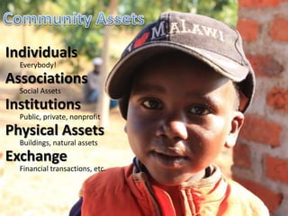 Individuals
  Everybody!
Associations
  Social Assets
Institutions
  Public, private, nonprofit
Physical Assets
  Buildings, natural assets
Exchange
  Financial transactions, etc.
 