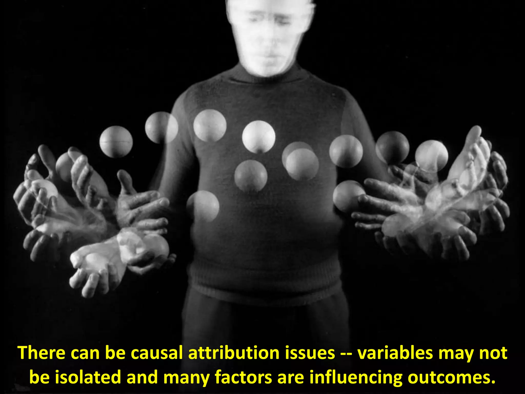 There can be causal attribution issues -- variables may not
be isolated and many factors are influencing outcomes.
 
