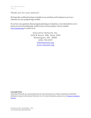 Logic Model Workbook
Page 19
I N N O V A T I O N N E T W O R K , I N C .
www.innonet.org • info@innonet.org
Thank you for your interest!
We hope this workbook has been valuable to you and that you’ll continue to use it as a
reference for your program logic models.
If you have any questions about program planning or evaluation, or are interested in our in-
person services (including logic model review services), please visit our website,
www.innonet.org or contact us at:
Innovation Network, Inc.
1625 K Street, NW, Suite 1050
Washington, DC 20006
(202) 728-0727
info@innonet.org
www.innonet.org
Copyright Policy
Innovation Network, Inc. grants permission for noncommercial use of these materials provided that
attribution is given to Innovation Network, Inc. For more information, please see our Creative Commons
License.
 