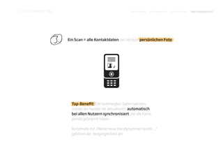 LogiCode meets You.                                        Das Problem   Die Innovation   Smartphones?   Wie funktionierts?




                0 3.   Ein Scan = alle Kontaktdaten, bis hin zum persönlichen Foto
                                                   ,




                         Top-Bene t: Die hinterlegten Daten werden,
                         sobald der Nutzer sie aktualisiert, automatisch
                         bei allen Nutzern synchronisiert, die die Karte
                         jemals gescannt haben.

                         Rundmails mit „Meine neue Handynummer lautet …“
                         gehören der Vergangenheit an!
 