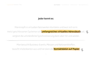 LogiCode meets You.                                 Das Problem   Die Innovation   Smartphones?   Wie funktionierts?




                                  Jeder kennt es:


          Man knüpft in virtuellen Netzwerken Kontakte und baut sich so in
meist geschlossenen Systemen ein umfangreiches virtuelles Adressbuch auf,                                      †
       vergisst die umständliche Synchronisierung dann aber hin und wieder.


            Man besucht Business-Events, Messen und Netzwerktre en,
      tauscht Visitenkarten aus und hat dann die Kontaktdaten auf Papier.
                                                                                                      †
                                         .
 