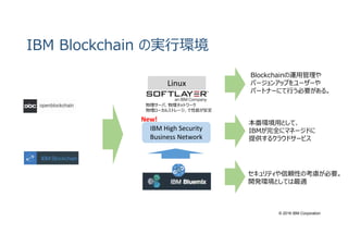 © 2016 IBM Corporation
IBM Blockchain の実⾏環境
Linux
IBM High Security
Business Network
物理サーバ、物理ネットワーク
物理ローカルストレージ、で性能が安定
New!
セキュリティや信頼性の考慮が必要。
開発環境としては最適
Blockchainの運用管理や
バージョンアップをユーザーや
パートナーにて⾏う必要がある。
本番環境用として、
IBMが完全にマネージドに
提供するクラウドサービス
 