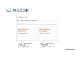 © 2016 IBM Corporation
実⾏環境の選択
架空の量⼦
コンピューティング
実際の量⼦
コンピューティング
 