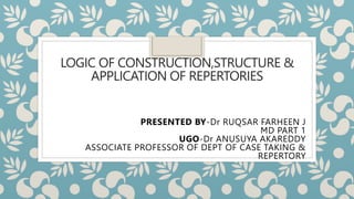 LOGIC OF CONSTRUCTION,STRUCTURE &
APPLICATION OF REPERTORIES
PRESENTED BY-Dr RUQSAR FARHEEN J
MD PART 1
UGO-Dr ANUSUYA AKAREDDY
ASSOCIATE PROFESSOR OF DEPT OF CASE TAKING &
REPERTORY
 