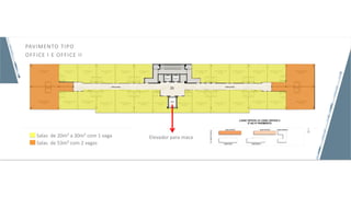 Salas de 20m² a 30m² com 1 vaga
Salas de 53m² com 2 vagas
Elevador para maca
PAVIMENTO TIPO
OFFICE I E OFFICE II
 