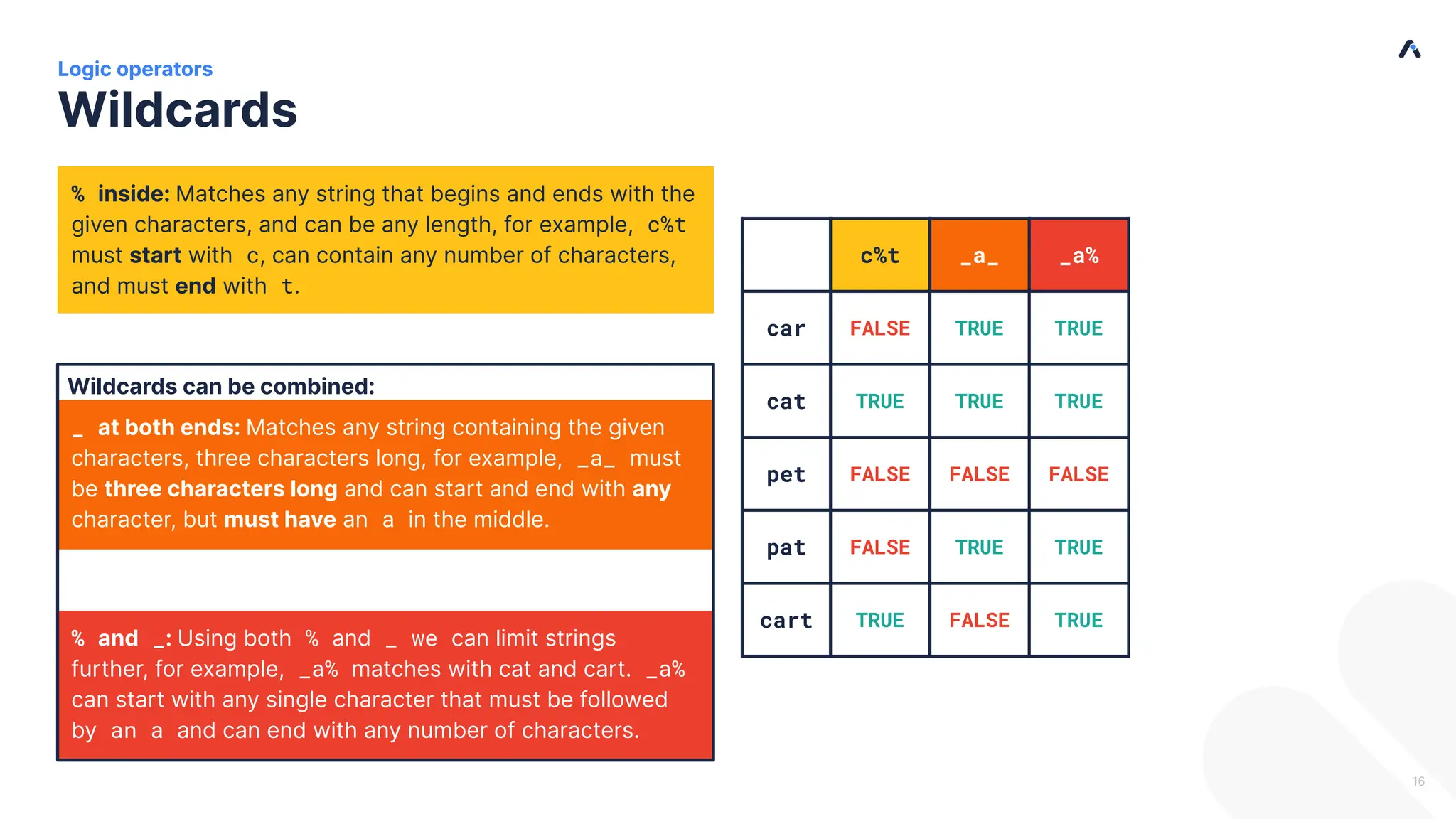 % inside: Matches any string that begins and ends with the given characters, and can be any length, for example, c%t must start with c, can contain any number of characters, and must end with t. Wildcards Logic operators 16 % and _: Using both % and _ we can limit strings further, for example, _a% matches with cat and cart. _a% can start with any single character that must be followed by an a and can end with any number of characters. _ at both ends: Matches any string containing the given characters, three characters long, for example, _a_ must be three characters long and can start and end with any character, but must have an a in the middle. Wildcards can be combined: c%t _a_ _a% car FALSE TRUE TRUE cat TRUE TRUE TRUE pet FALSE FALSE FALSE pat FALSE TRUE TRUE cart TRUE FALSE TRUE 